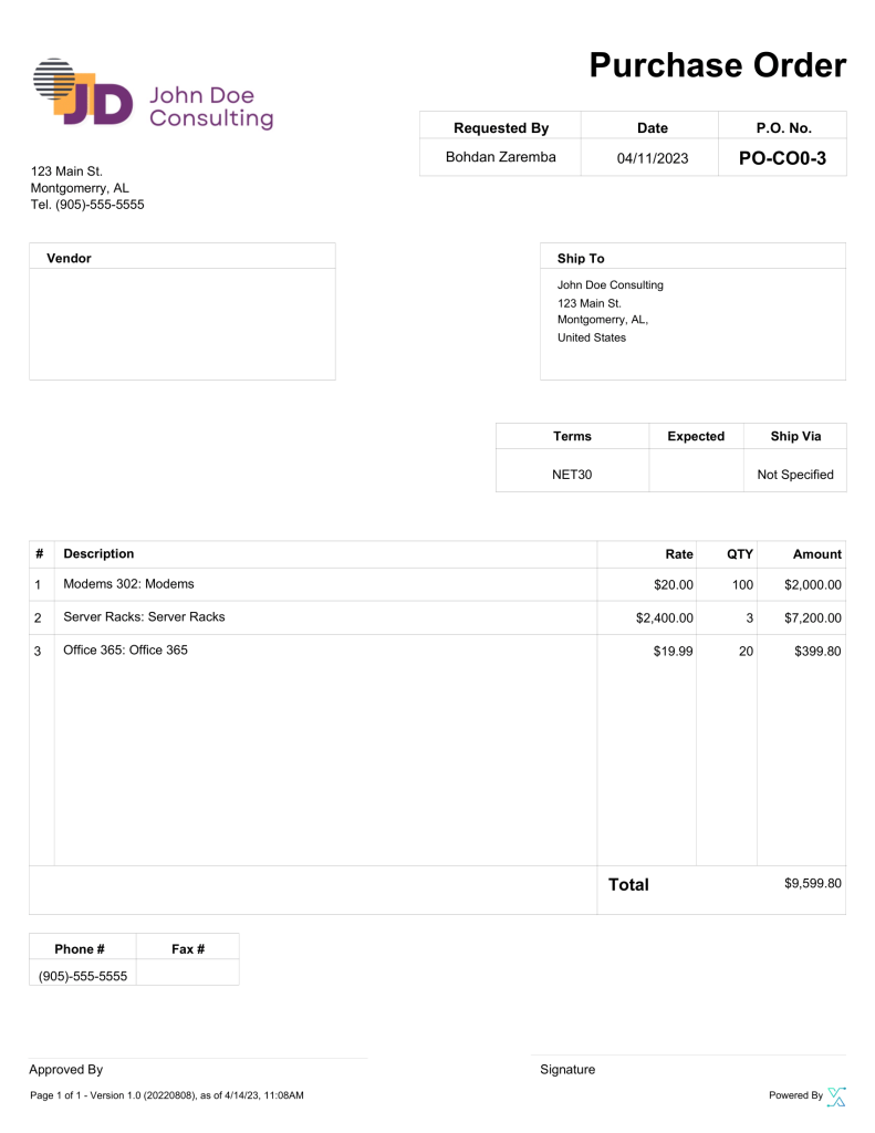 Purchase Order made in SystemX